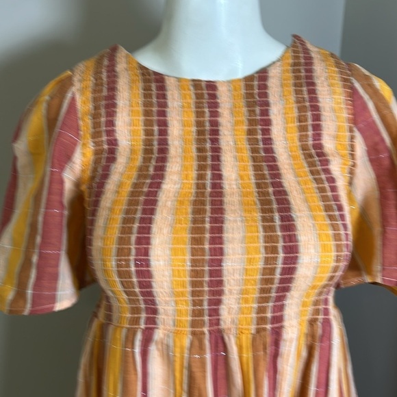 Sezane Magda Mini Dress Cotton Orange Pinstripe Smocked Metallic Sz 36 US S - Picture 8 of 16
